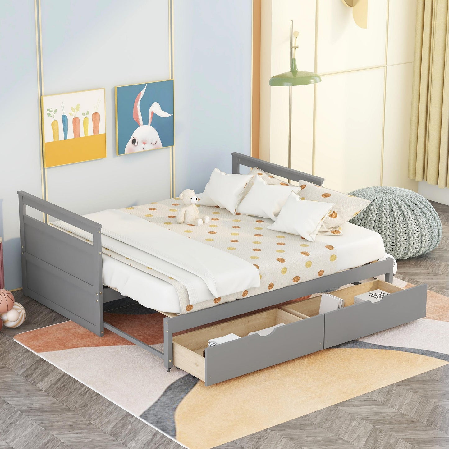 THE TWIN BED CAN BE EXPANDED WITH 2 DRAWERS