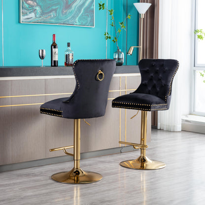 Swivel Bar Stools Chair Set of 2 Modern Adjustable Counter Height Bar Stools, Velvet Upholstered Stool with Tufted High Back & Ring Pull for Kitchen , Chrome Golden Base, Black