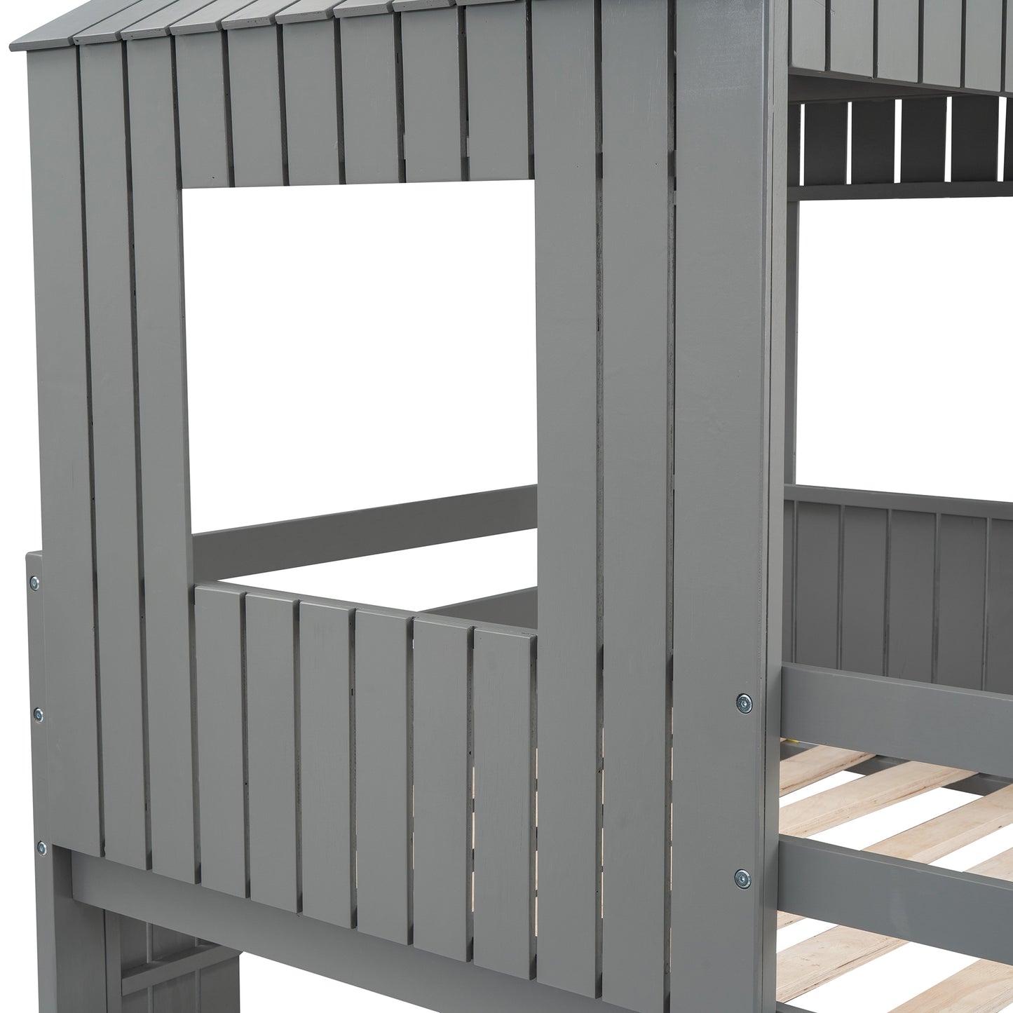 Wooden Twin Over Full Bunk Bed, Loft Bed with Playhouse, Farmhouse, Ladder, Slide and Guardrails . Gray(OLD SKU :LP000028AAN)