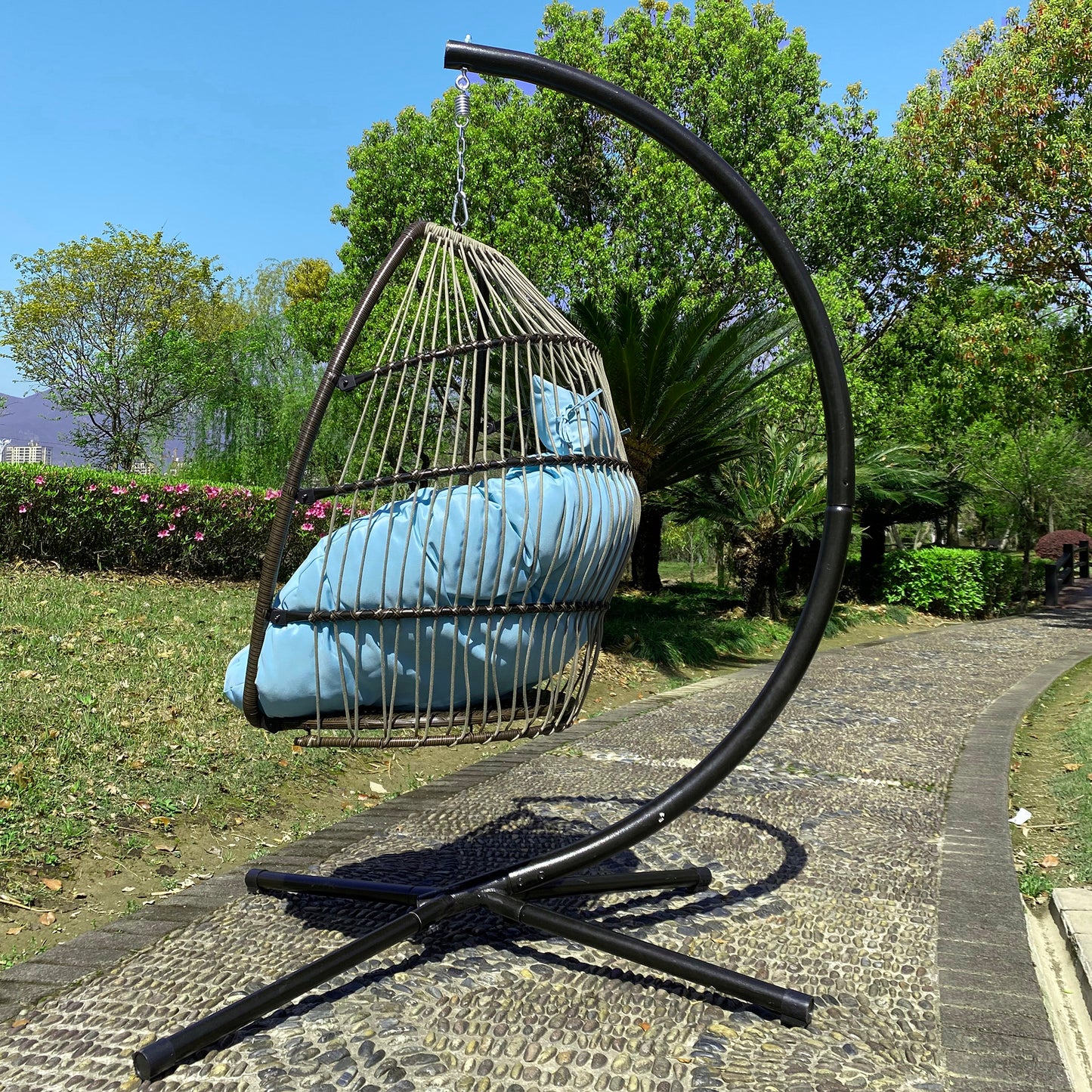 Patio Wicker folding Hanging Chair,Rattan Swing Hammock Egg Chair with C Type bracket , with cushion and pillow,for Indoor,Outdoor，Blue