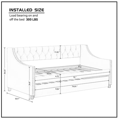 Daybed with Trundle Upholstered Tufted Sofa Bed, with Button and Copper Nail on Arms，both full Size