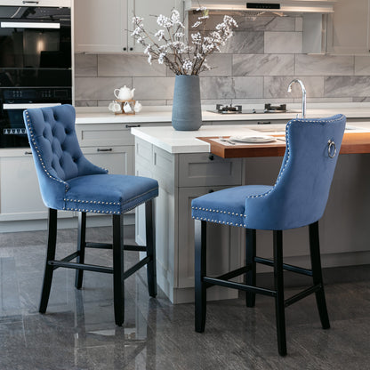 A&A Furniture,Contemporary Velvet Upholstered Barstools with Button Tufted Decoration and Wooden Legs, and Chrome Nailhead Trim, Leisure Style Bar Chairs,Bar stools, Set of 2 (Blue) 1902BL