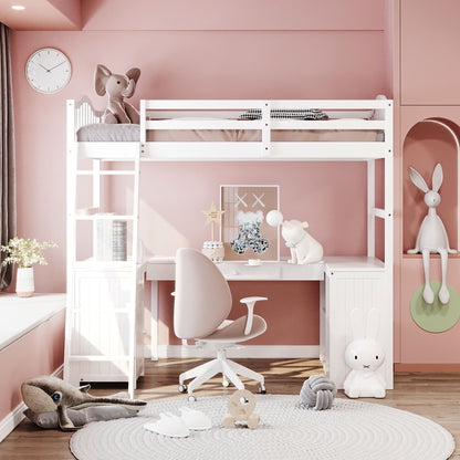 Twin size Loft Bed with Drawers, Cabinet, Shelves and Desk, Wooden Loft Bed with Desk - White(OLD SKU :LP000505AAK)