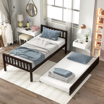 Twin Bed with Trundle, Platform Bed Frame with Headboard and Footboard, for Bedroom Small Living Space,No Box Spring Needed,Espresso