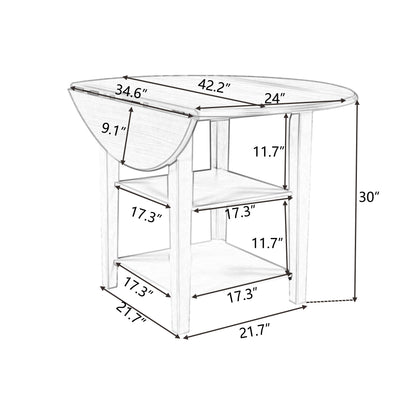 TOPMAX Farmhouse Round Kitchen Dining Table with Drop Leaf  and  2-tier Shelves for Small Places, Natural + Distressed White