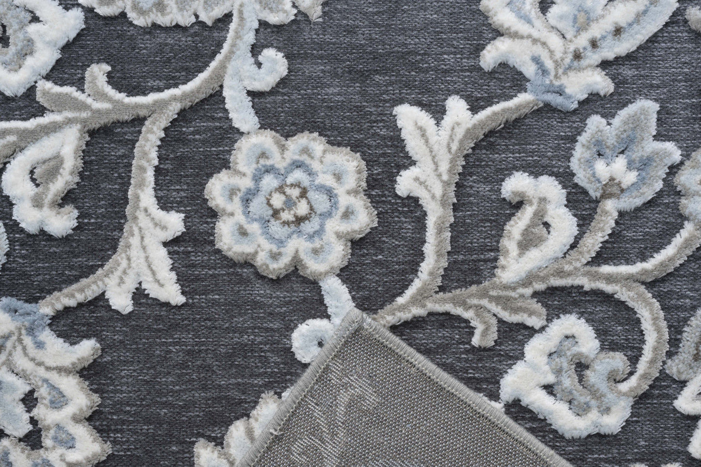 Lily Gray, Ivory, Blue Chenille and Viscose High - Low Area Rug 5x8