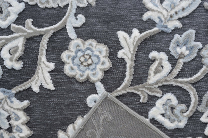 Lily Gray, Ivory, Blue Chenille and Viscose High - Low Area Rug 8x10