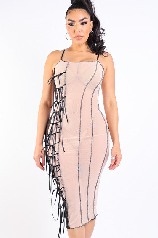 Ribbon Detailed Mesh Dress