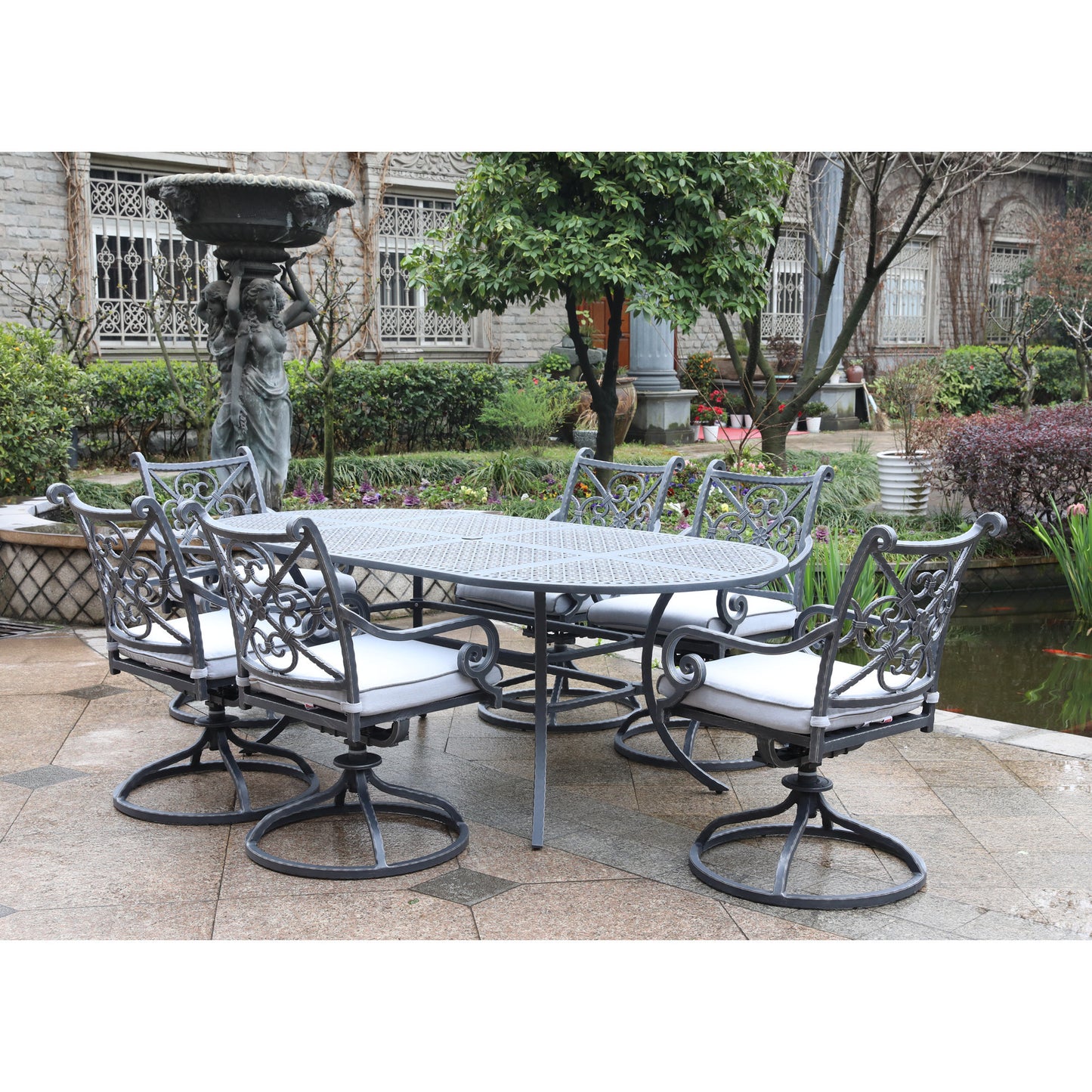 Outdoor Aluminum 7-Piece Oval Dining Set With 6 Swivel Rockers, Blue