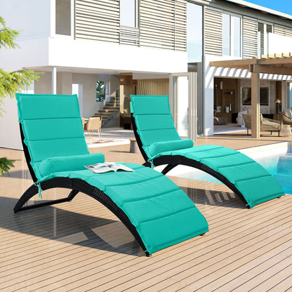 GO Patio Wicker Sun Lounger, PE Rattan Foldable Chaise Lounger with Removable Cushion and Bolster Pillow, Black Wicker and Turquoise Cushion (2 sets)