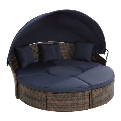 Hot Sale KD Rattan Round Lounge With Canopy Bali Canopy Bed Outdoor, Wicker Outdoor Sofa Bed with lift coffee table