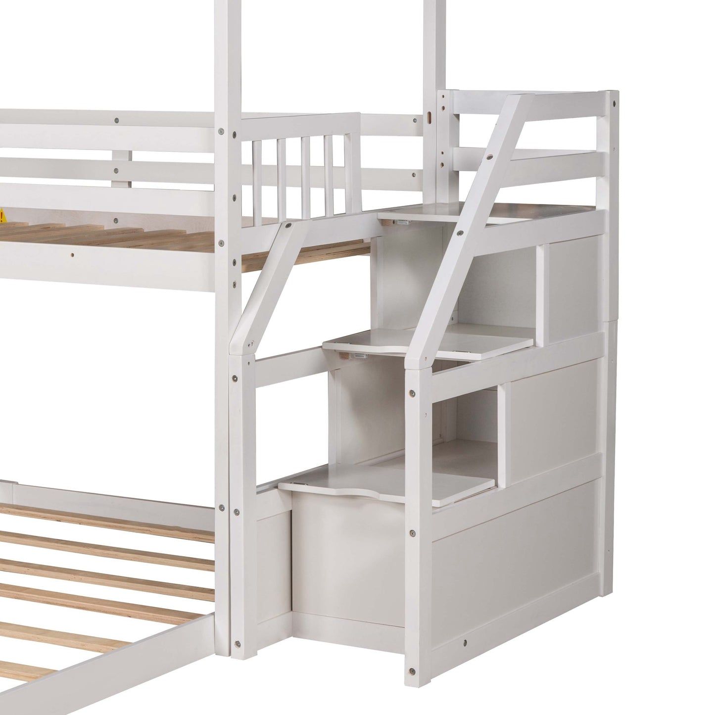 Twin over Full House Bunk Bed with Convertible Slide and Storage Staircase,Full-Length Guardrail,White