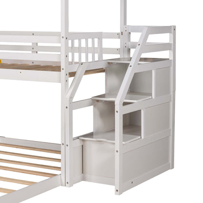 Twin over Full House Bunk Bed with Convertible Slide and Storage Staircase,Full-Length Guardrail,White