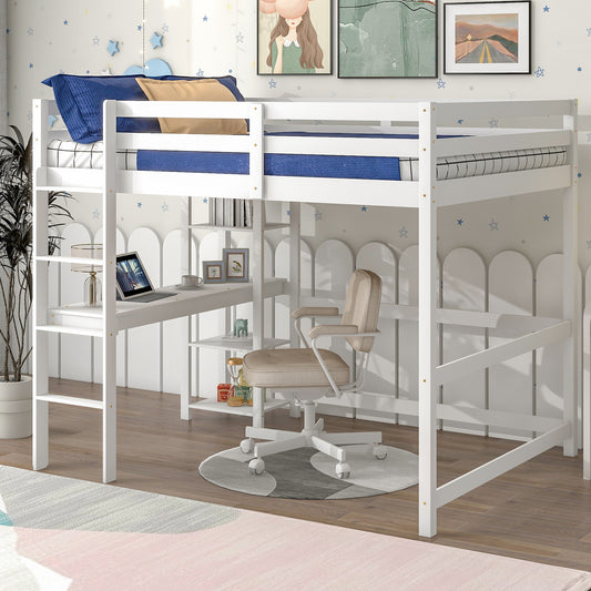 Full Loft Bed with Desk and Shelves,White