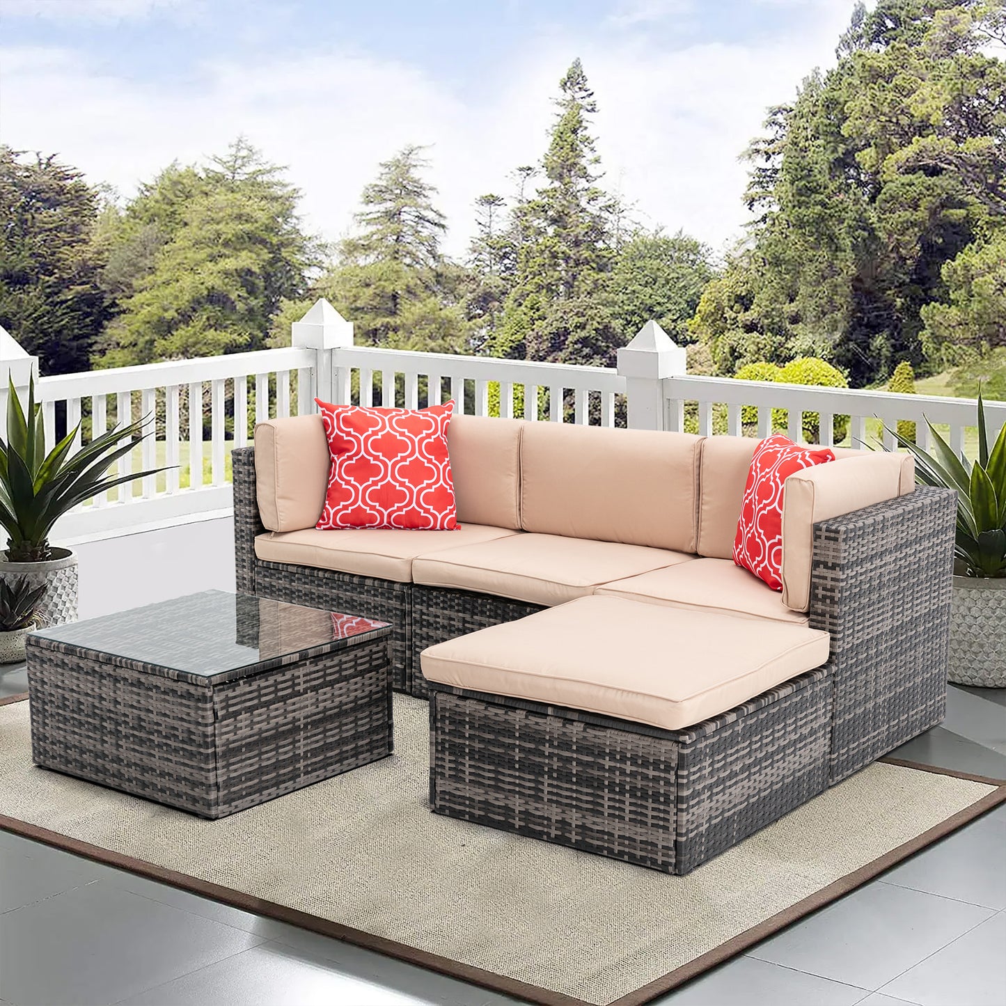 5Pcs Outdoor Garden Patio Furniture  PE Rattan Wicker  Sectional Cushioned Sofa Sets with 2 Pillows and Coffee Table