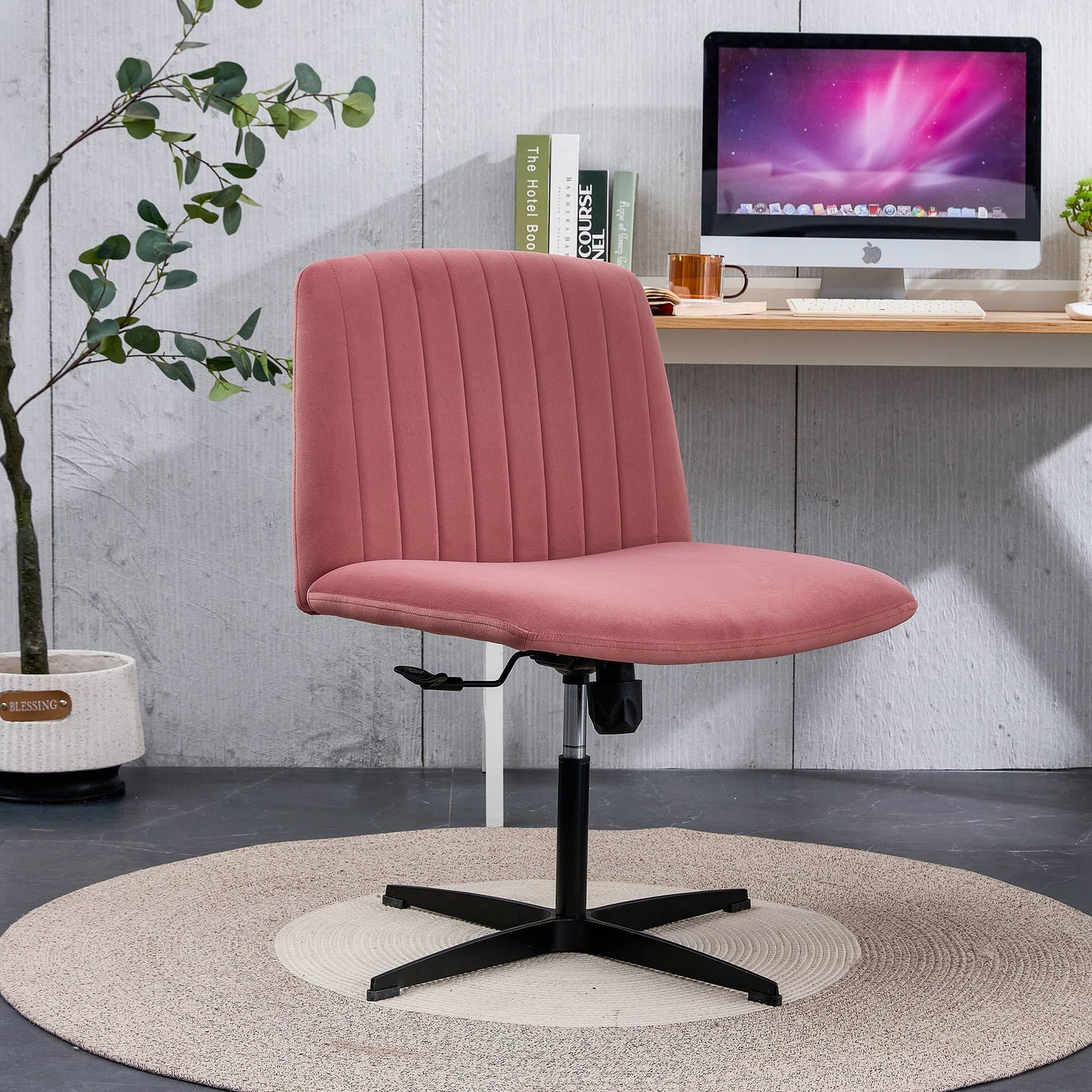 Pink Velvet Material. Home Computer Chair Office Chair Adjustable 360 °Swivel Cushion Chair With Black Foot Swivel Chair Makeup Chair Study Desk Chair. No Wheels