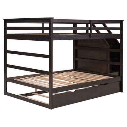 Full-over-Full Bunk Bed with Twin Size Trundle and 3 Storage Stairs,Espresso