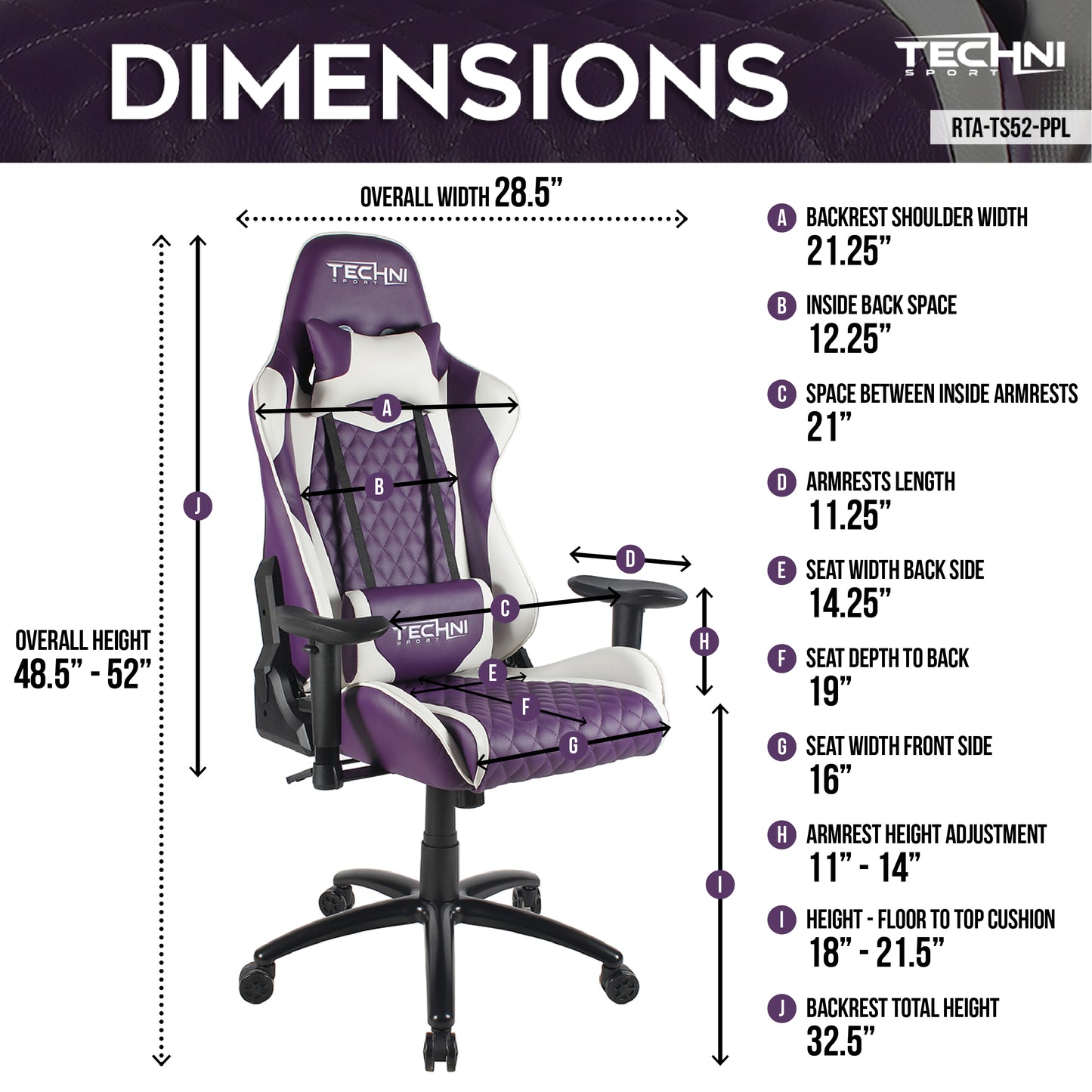 Techni Sport TS-52 Ergonomic High Back Racer Style PC Gaming Chair, Purple