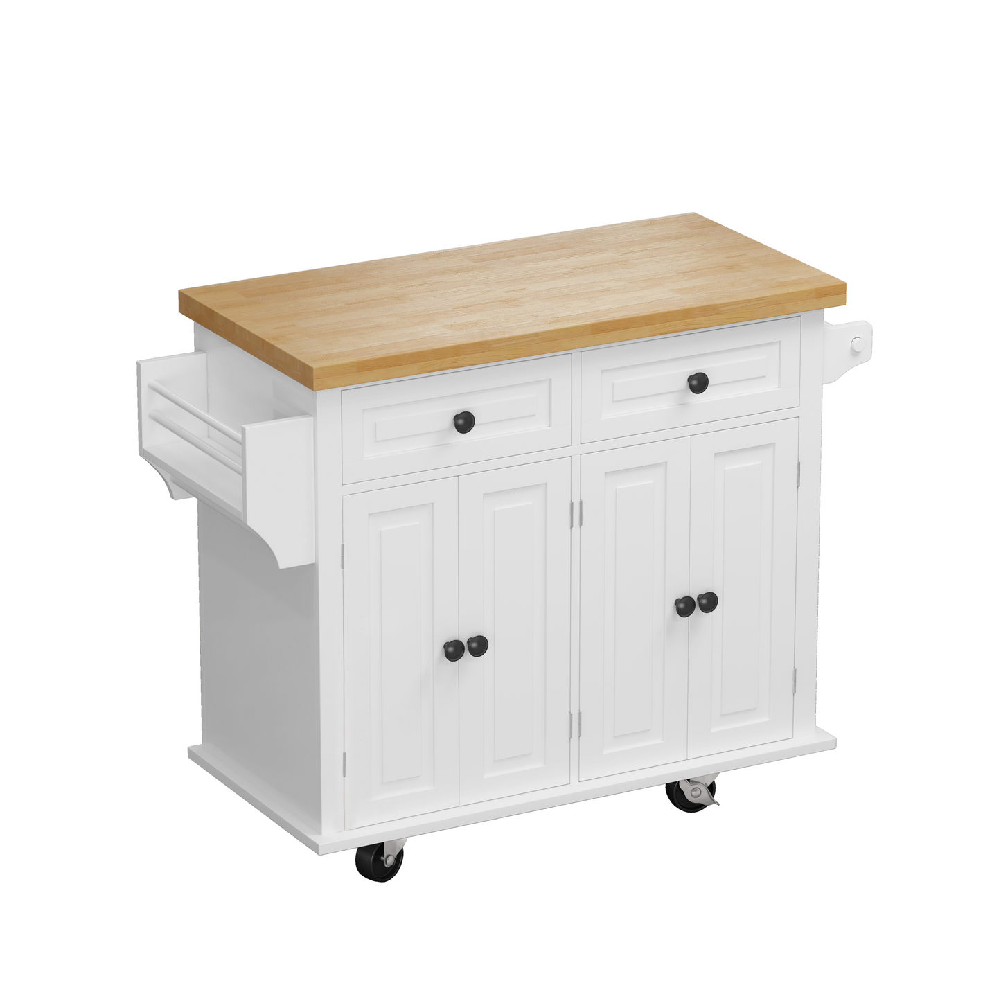 Kitchen Island Cart with Two Storage Cabinets and Two Locking Wheels，43.31 Inch Width，4 Door Cabinet and Two Drawers，Spice Rack, Towel Rack （White）