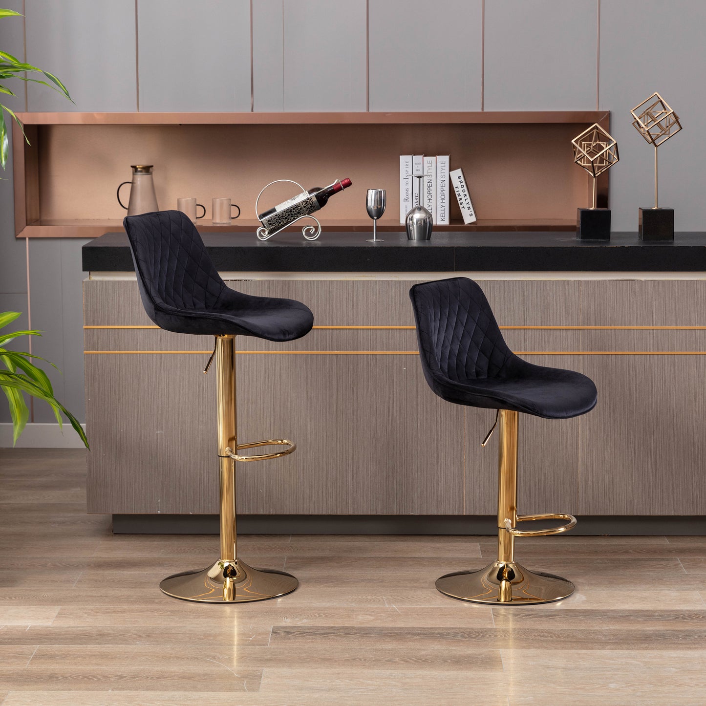 Set of 2  Bar Stools,with Chrome Footrest and Base Swivel Height Adjustable Mechanical Lifting Velvet + Golden Leg Simple Bar Stool-black