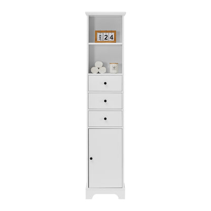 White Tall Bathroom Cabinet, Freestanding Storage Cabinet with 3 Drawers and Adjustable Shelf, MDF Board with Painted Finish