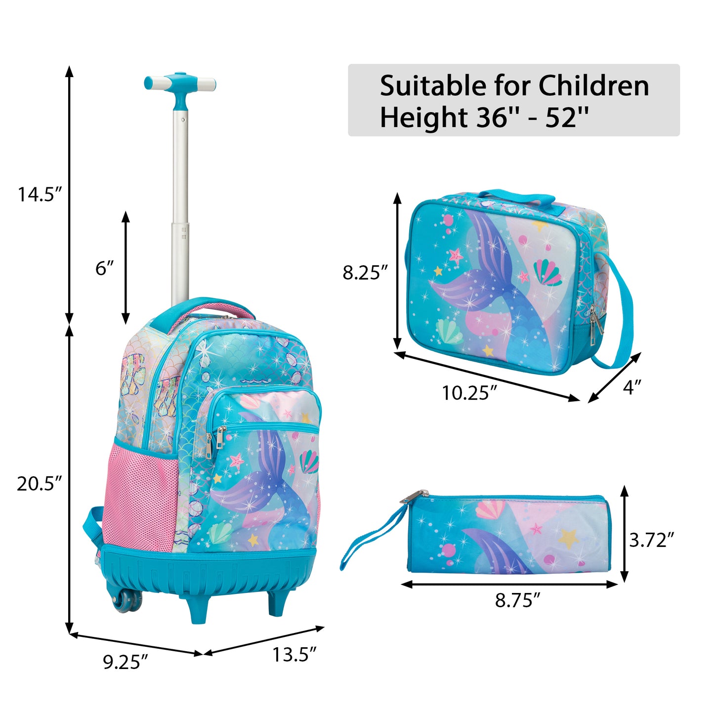 20-Inch 3PCS Kids Rolling Luggage Set, Trolley Backpack with Lunch Bag and Pencil Case for Girls, Suitcase with Mermaid Pattern