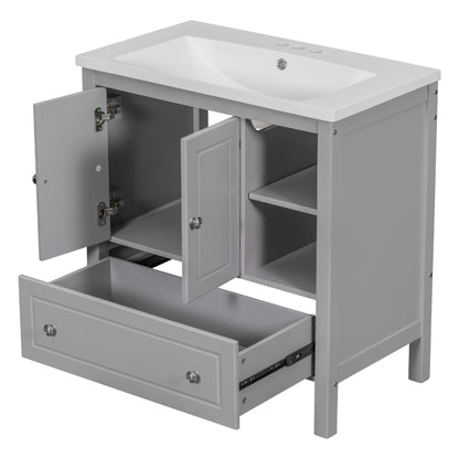 [VIDEO] 30" Bathroom Vanity with Sink, Bathroom Storage Cabinet with Doors and Drawers, Solid Wood Frame, Ceramic Sink, Grey