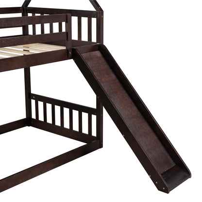 Twin over Twin House Bunk Bed with Slide and Storage Staircase,Espresso