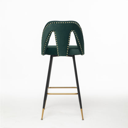 A&A Furniture,Akoya Collection Modern | Contemporary Velvet Upholstered Connor 28" Bar Stool & Counter Stools with Nailheads and Gold Tipped Black Metal Legs,Set of 2 (Green)