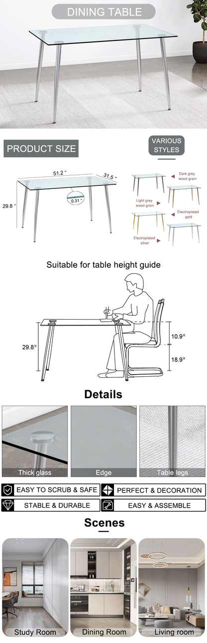 Modern Minimalist Rectangular Glass  Dining Table for 4-6 with 0.31" Tempered Glass Tabletop and Silver plating Metal Legs, Writing Table Desk, for Kitchen Dining Living Room, 51" W x 31"D x 30" H