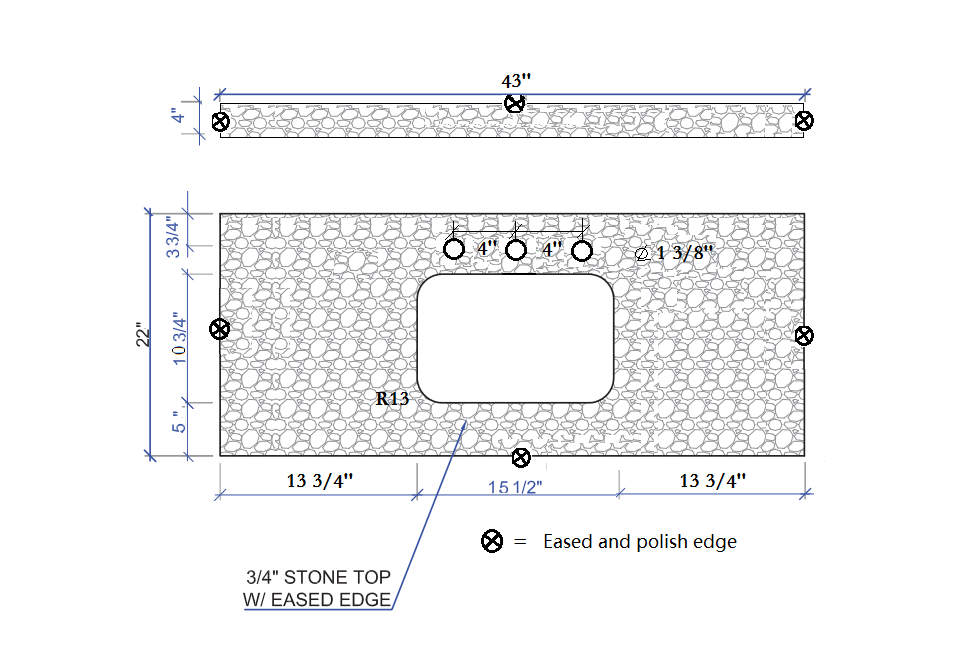 Montary 43‘’x22" bathroom stone vanity top  engineered stone carrara white marble color with rectangle undermount ceramic sink and  3 faucet hole with back splash .