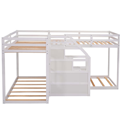 Twin over Twin L-Shaped Bunk Bed with Built-in Middle Staircase,White