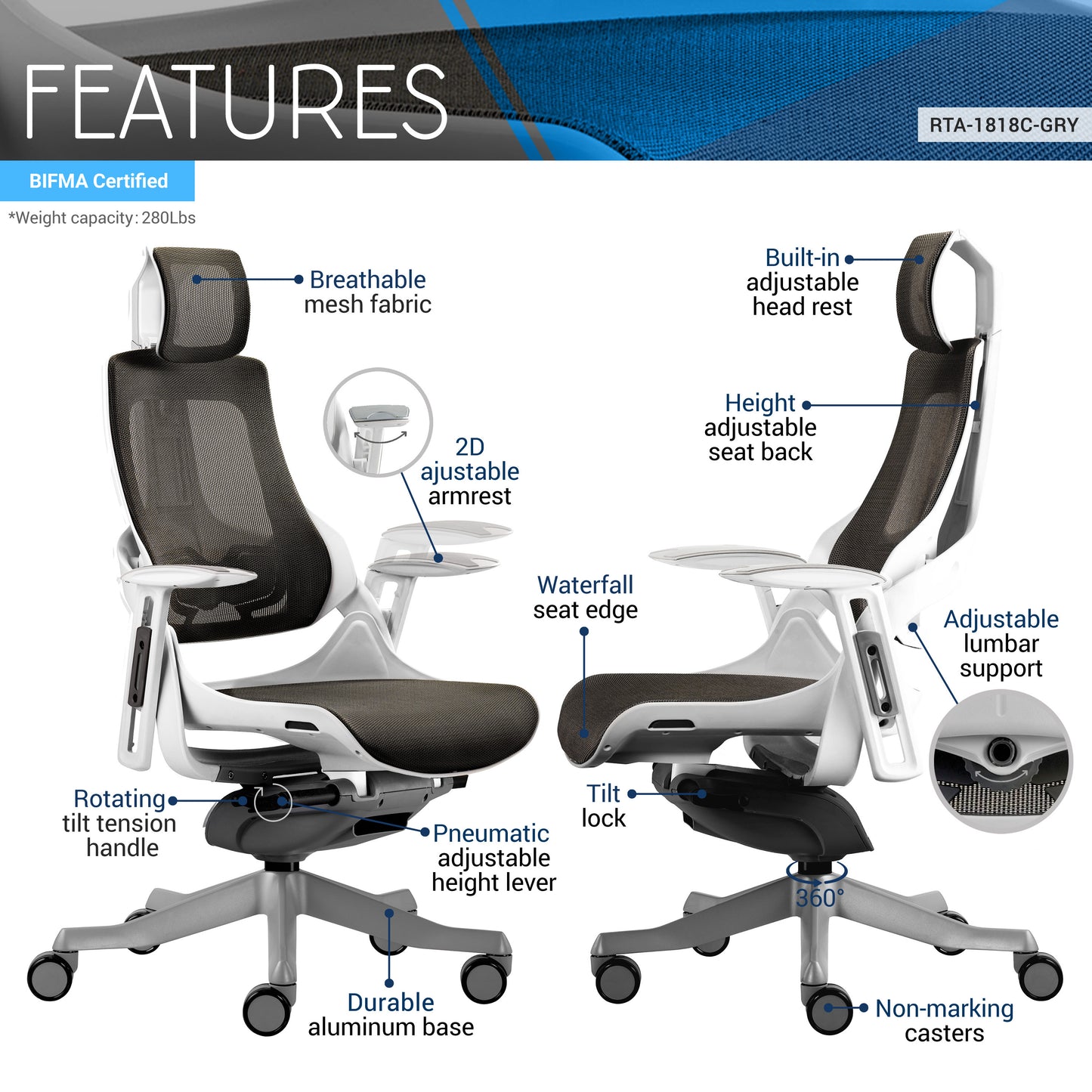 Techni Mobili LUX Ergonomic Executive Chair, Grey