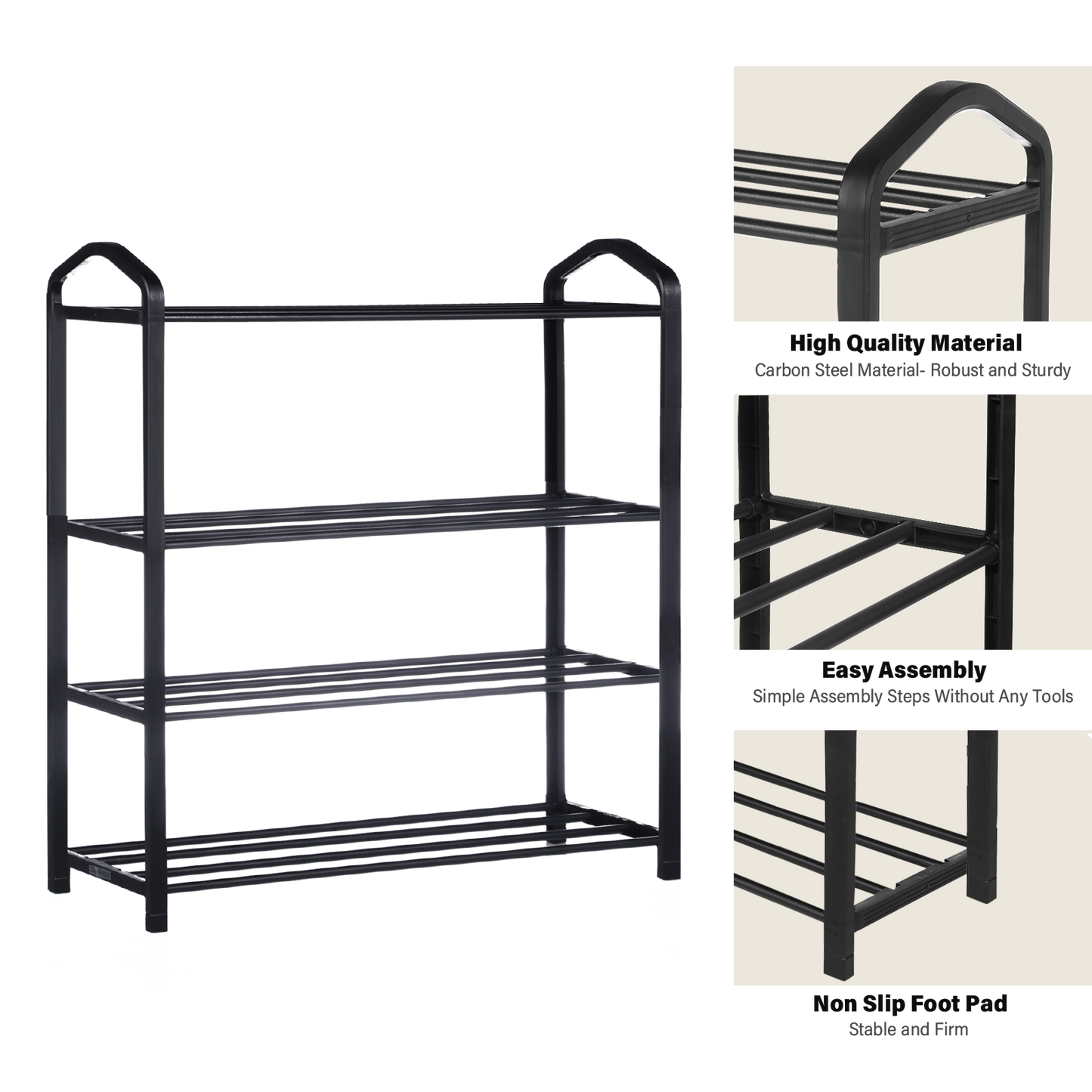 YSSOA 4-Tier Stackable Shoe Rack, 12-Pairs Sturdy Shoe Shelf Storage , Black Shoe Tower for Bedroom, Entryway, Hallway, and Closet