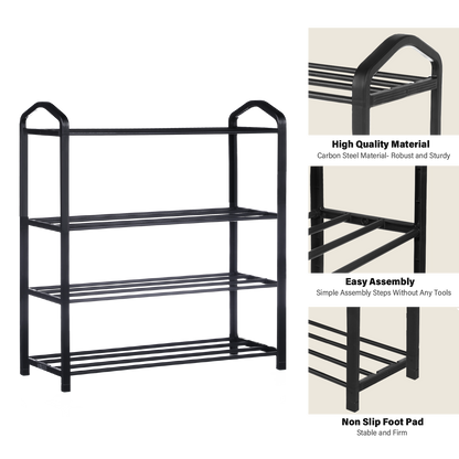 YSSOA 4-Tier Stackable Shoe Rack, 12-Pairs Sturdy Shoe Shelf Storage , Black Shoe Tower for Bedroom, Entryway, Hallway, and Closet