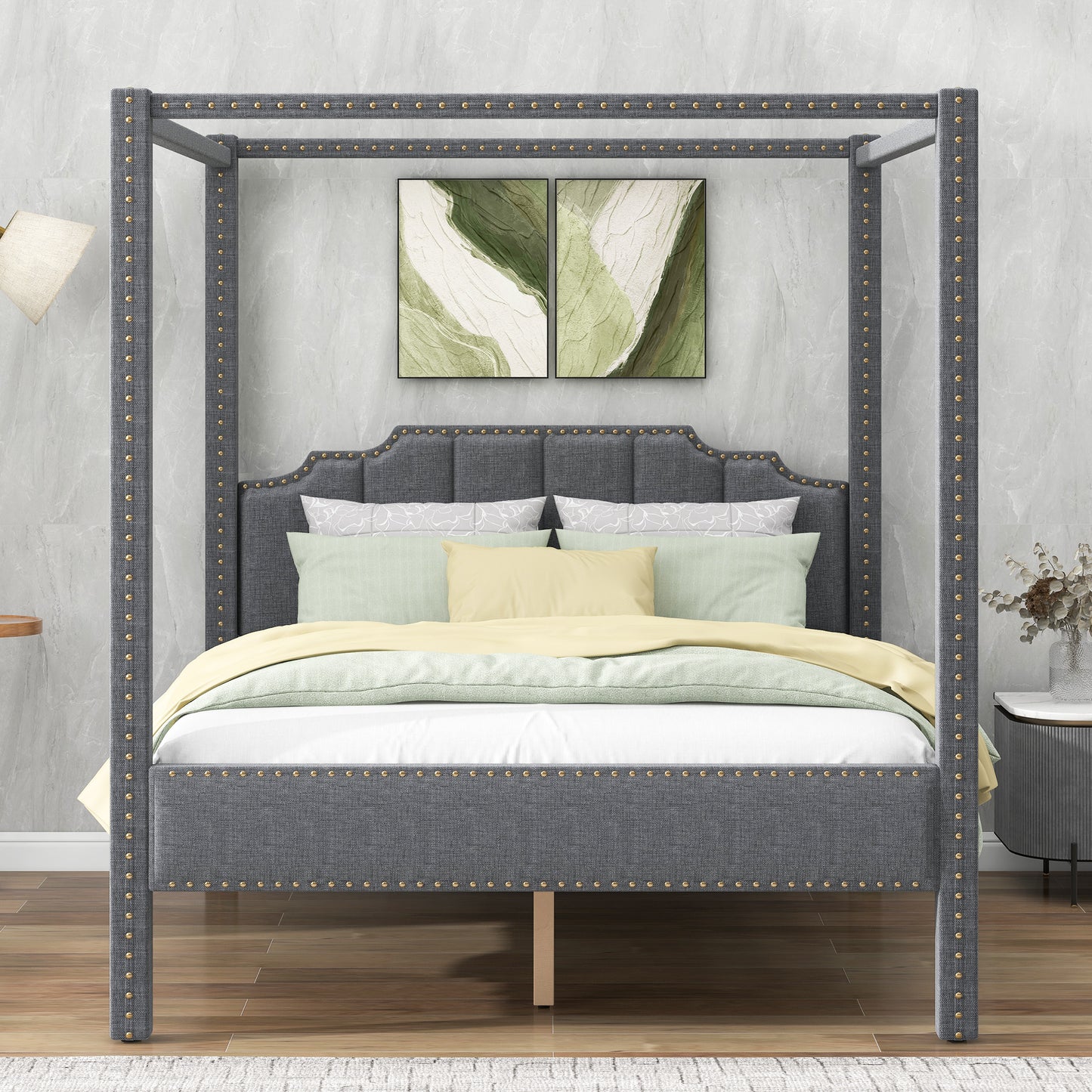 Queen Size Upholstery Canopy Platform Bed with Headboard,Support Legs,Gray