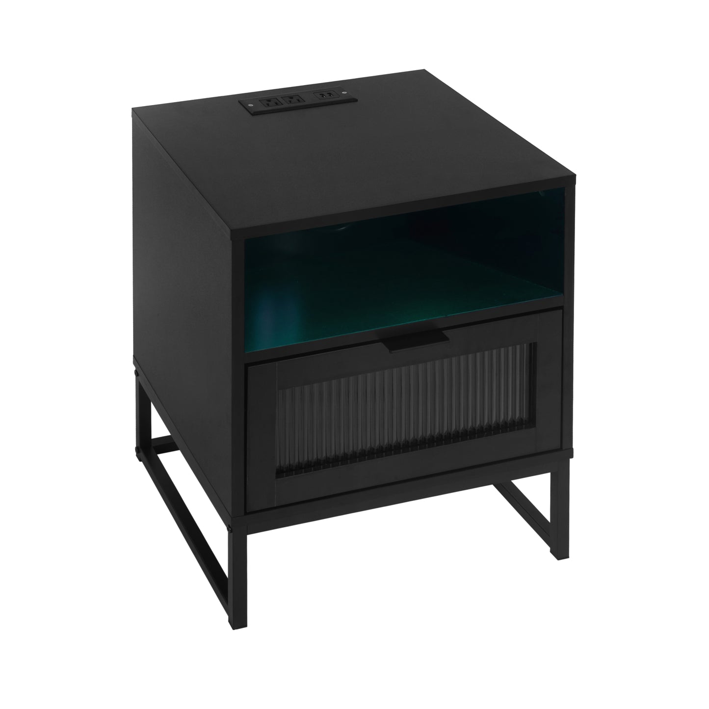 Nightstand with LED Lights / Drawer, Black Bedside Table for Bedroom