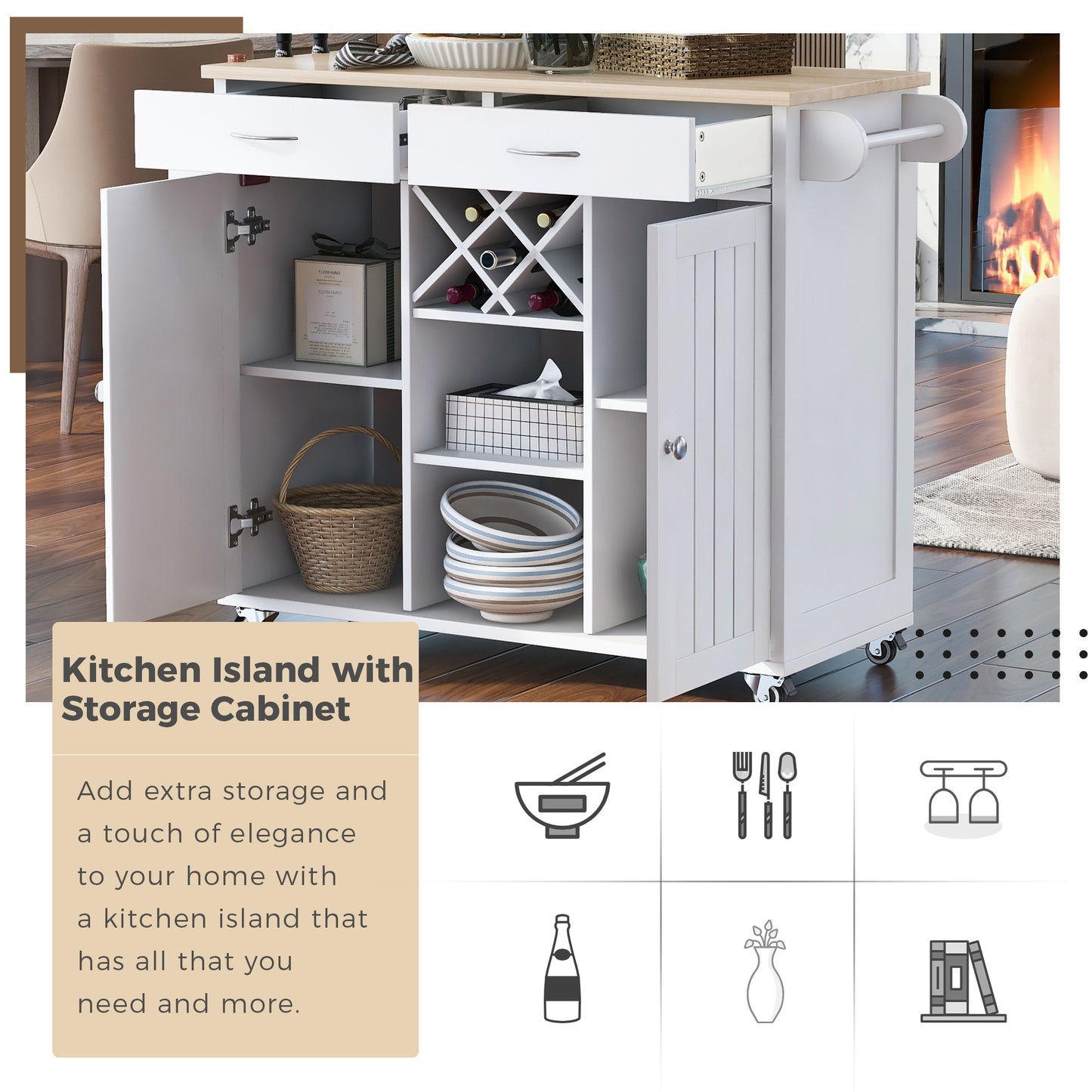 K&K Store Kitchen Island Cart with Two Storage Cabinets and Four Locking Wheels，Wine Rack, Two Drawers,Spice Rack, Towel Rack （White）