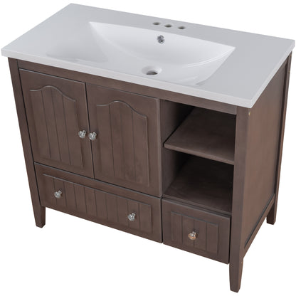 [VIDEO] 36" Bathroom Vanity with Ceramic Basin, Bathroom Storage Cabinet with Two Doors and Drawers, Solid Frame, Metal Handles, Brown