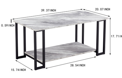 D&N Coffee Table, 2 Layers 1.5cm Thick Marble MDF Rectangle 39.37" L Tabletop Iron Coffee Table , Dining Room,  GREY Top, BLACK Leg