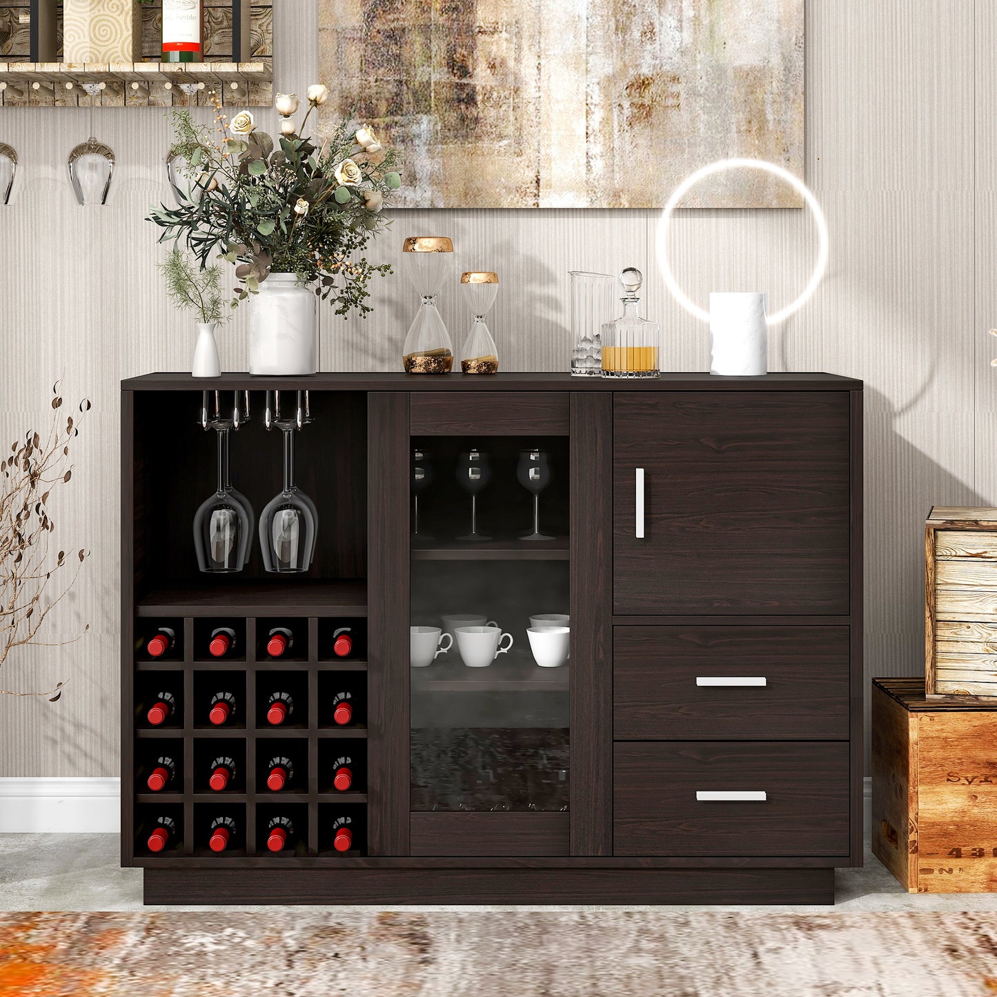 TREXM Kitchen Functional Sideboard with Glass Sliding Door and Integrated 16 Bar Wine Compartment, Wineglass Holders (Espresso)