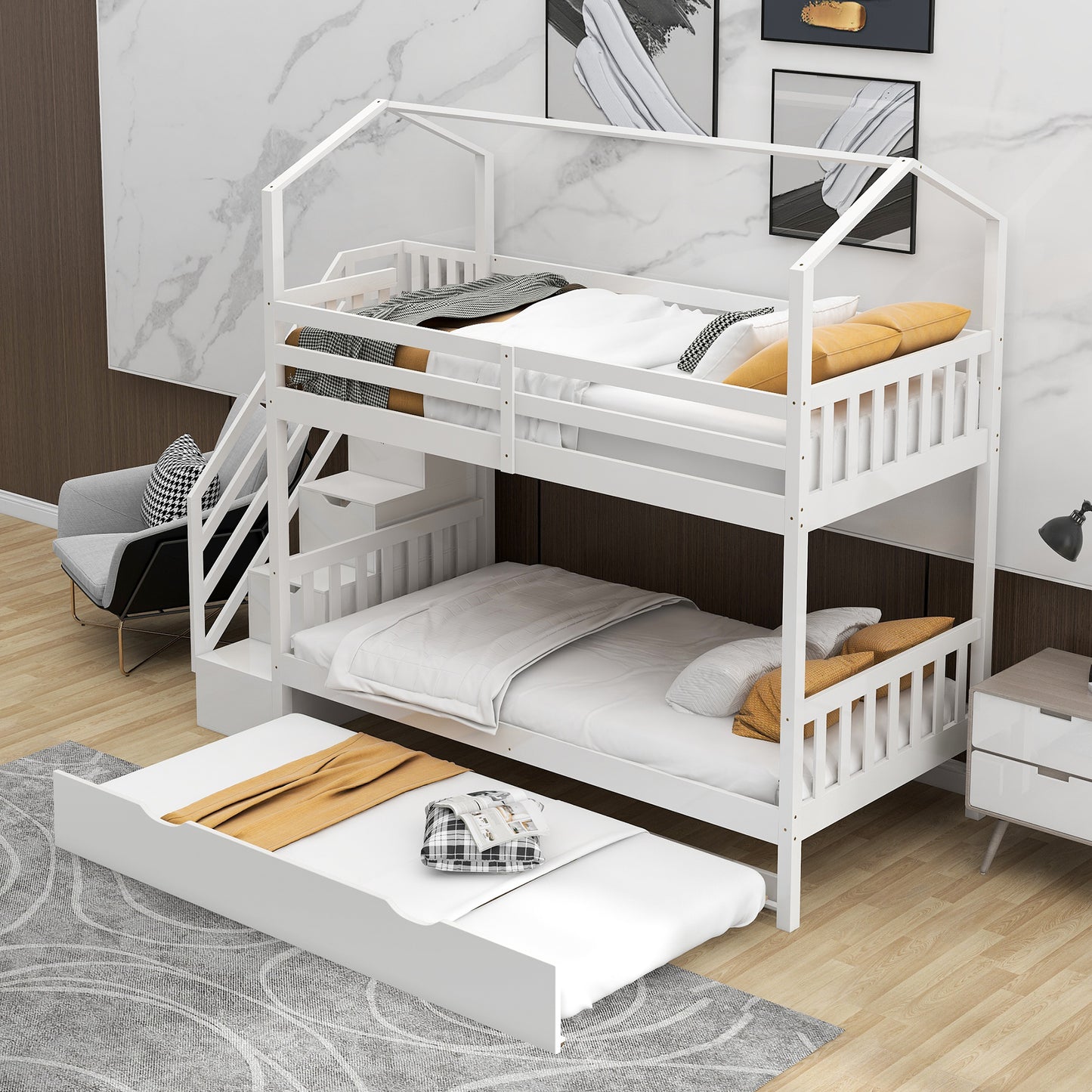 Multifunctional Twin over Twin House Bunk Bed with Staircase and Storage Space,White