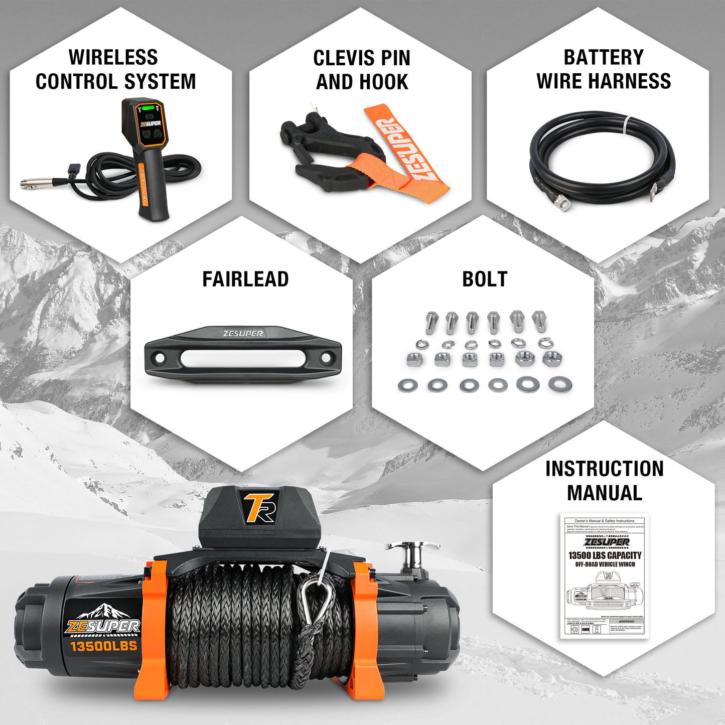 ZESUPER 12V 13500 lb Load Capacity Electric Winch Synthetic Rope Hook Winch Kit Waterproof IP66 Electric Winch with Hawse Fairlead and 2 in 1 Wired Handle and Wireless Remote