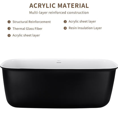 63" 100% Acrylic Freestanding Bathtub，Contemporary Soaking Tub，white inside black outside