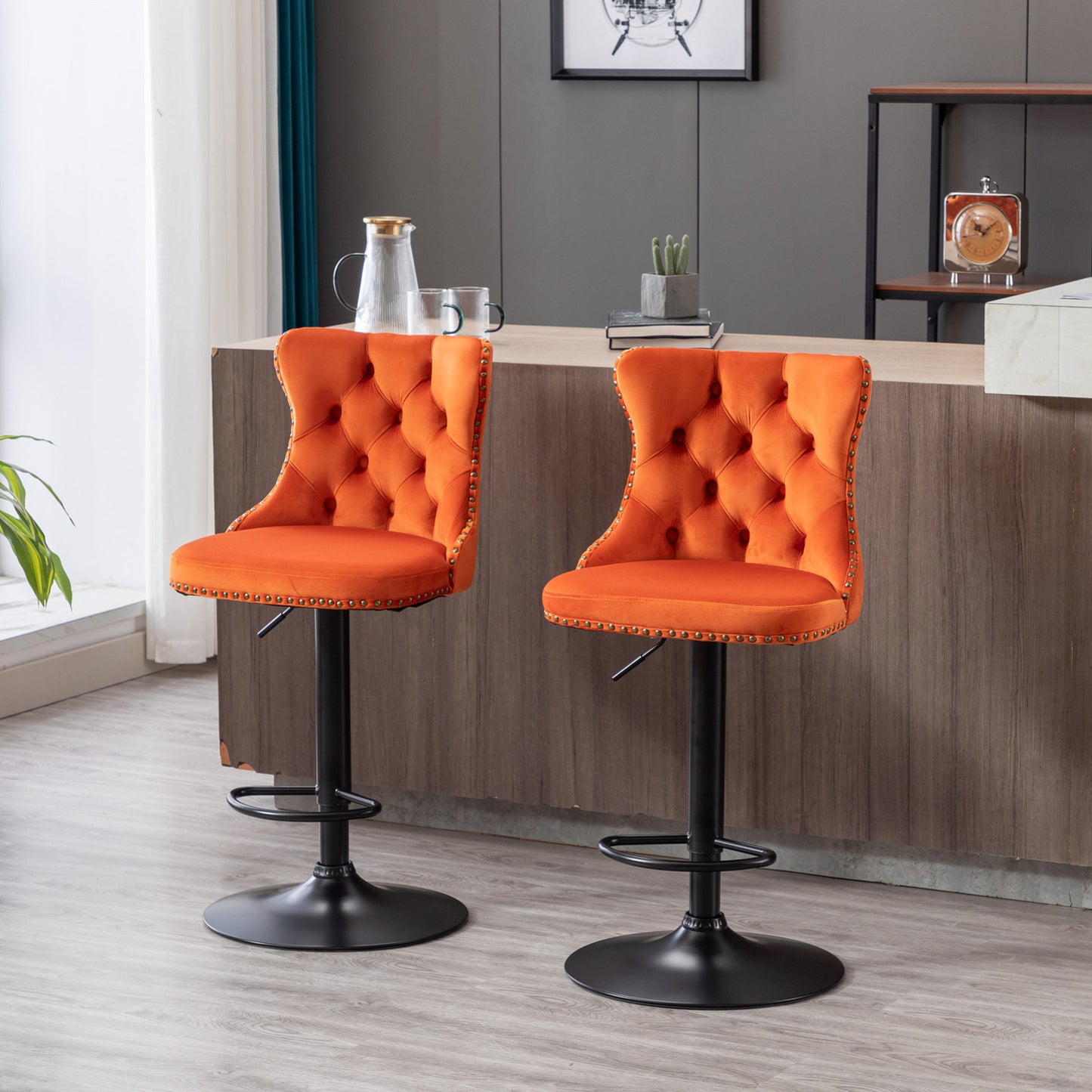 A&A Furniture,Swivel Velvet Barstools Adjusatble Seat Height from 25-33 Inch, Modern Upholstered Bar Stools with Backs Comfortable Tufted for Home Pub and Kitchen Island（Orange,Set of 2）