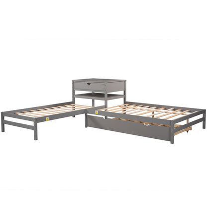 L-Shaped Full Size and Twin Size Platform Beds with Twin Size Trundle and Drawer Linked with Built-in Rectangle Table,Gray