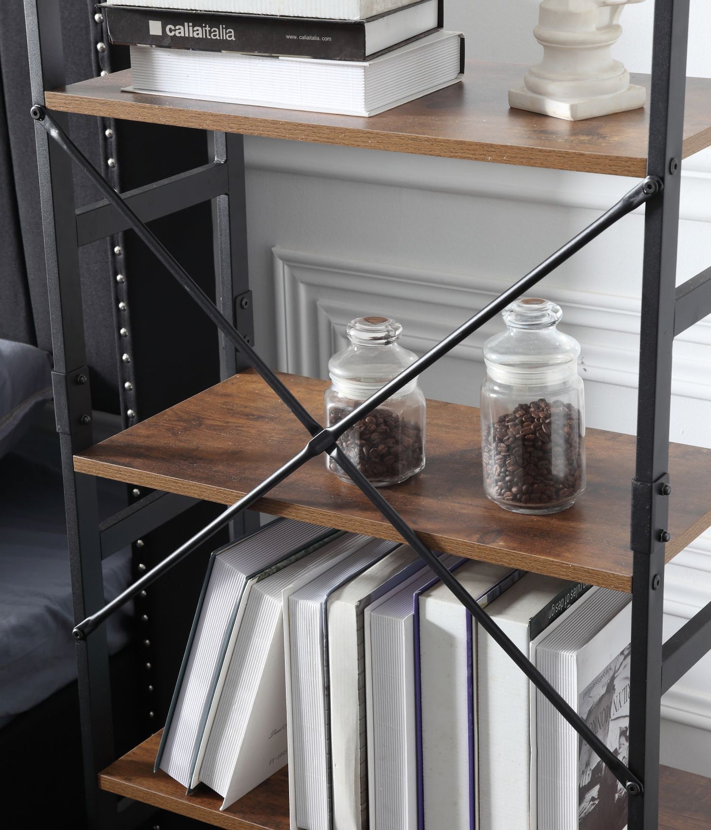 Ladder Shelf Bookcase 5 Tiers | Bookshelf with Open Storage, Metal Frame with Wood Board | Rustic + Black