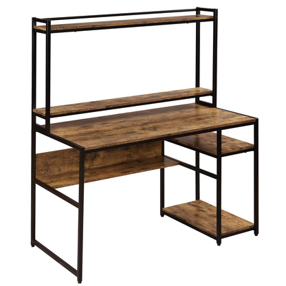 Home Office Computer Desk with 2-Tier Bookshelf and Open Storage Shelf/Equipped with Removable Monitor Riser(Brown)