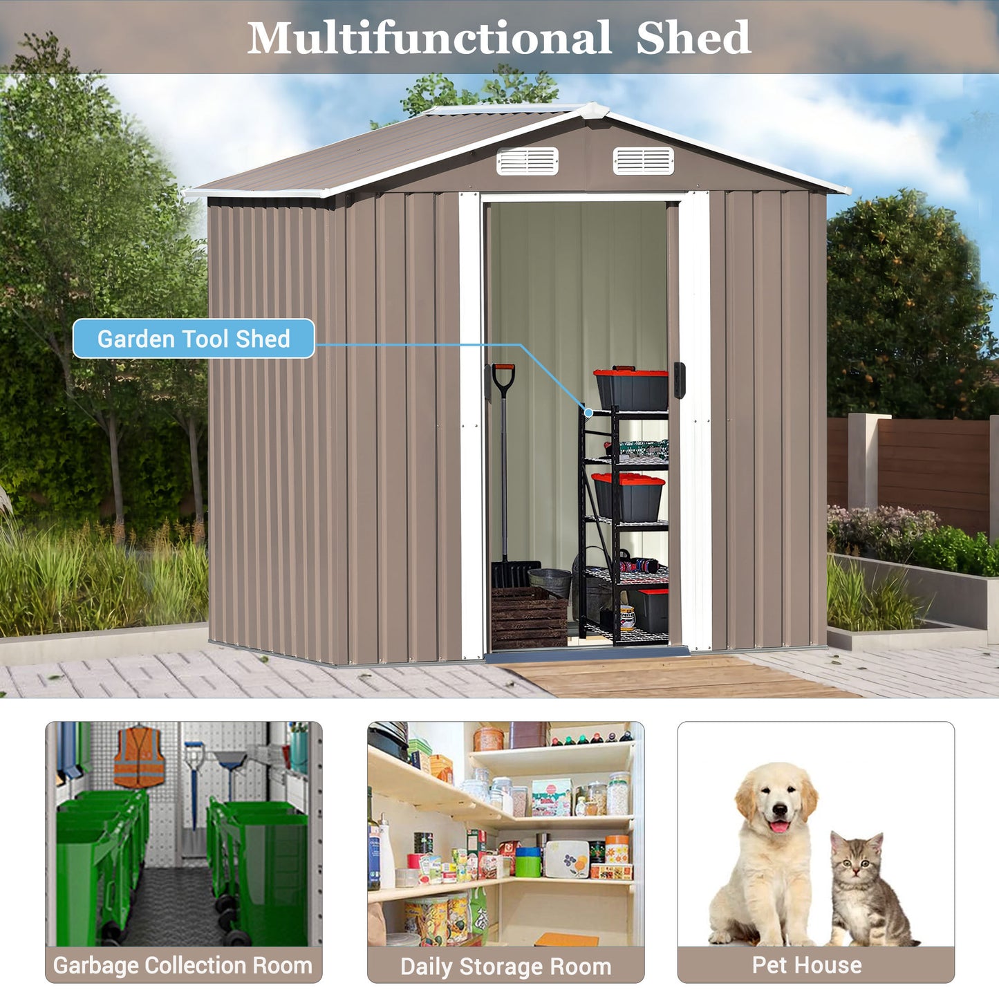 TOPMAX Patio 6ft x4ft Bike Shed Garden Shed, Metal Storage Shed with Adjustable Shelf and Lockable Door, Tool Cabinet with Vents and Foundation for Backyard, Lawn, Garden, Brown