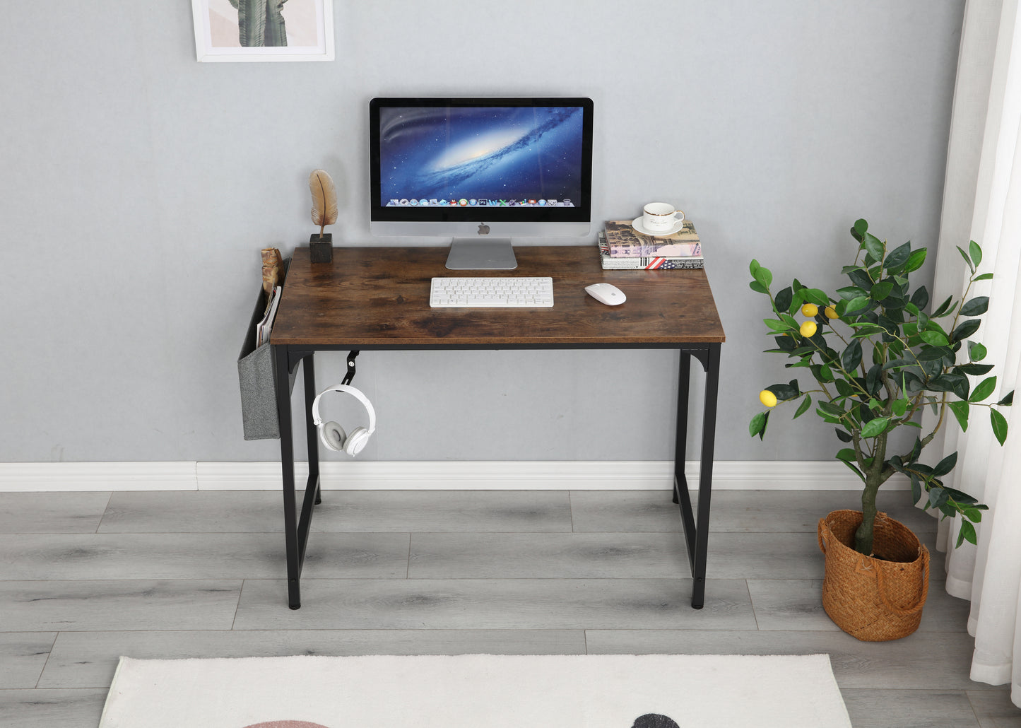 Study Computer Desk 40" Home Office Writing Small Desk, Modern Simple Style PC Table, Black Metal Frame, Rustic Brown